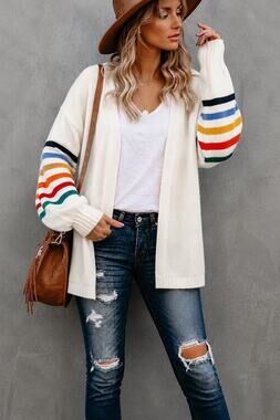 Rainbow Stripe Sleeve Open Front Cardigan Size Large